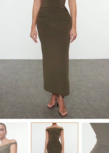 V Yaka Drapeli Uzun Haki Elbise - Görsel 2