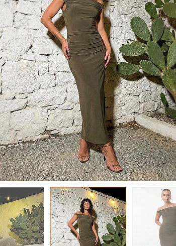 V Yaka Drapeli Uzun Haki Elbise - Görsel 4