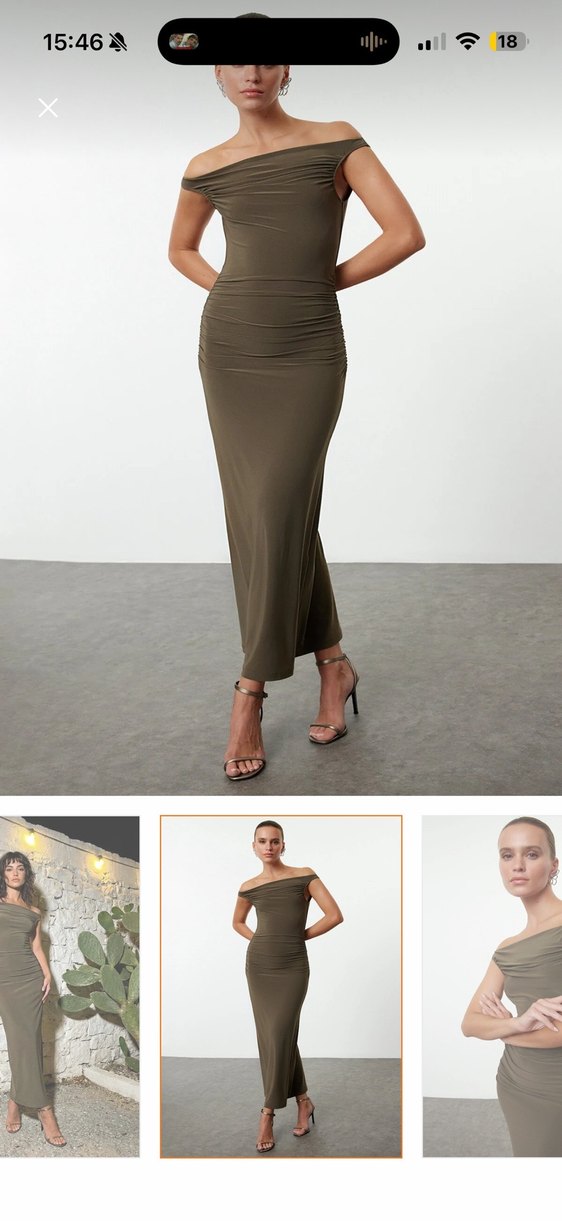 V Yaka Drapeli Uzun Haki Elbise - Görsel 3