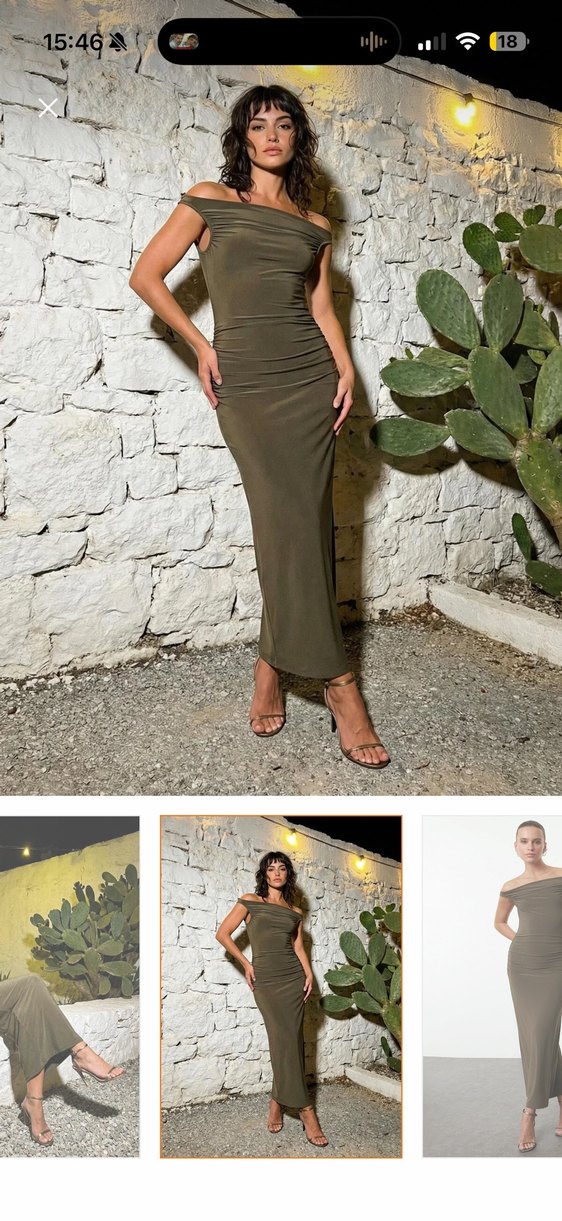 V Yaka Drapeli Uzun Haki Elbise - Görsel 4