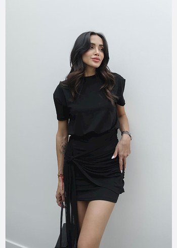 Siyah Drapeli Mini Elbise - Görsel 2