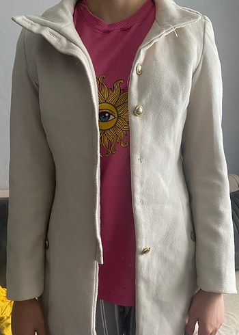 Düğmeli Beyaz Midi Kadın Kaban - Görsel 2