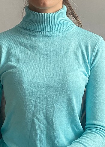 Turkuaz Kadın Boğazlı İnce Triko Kazak - Görsel 4