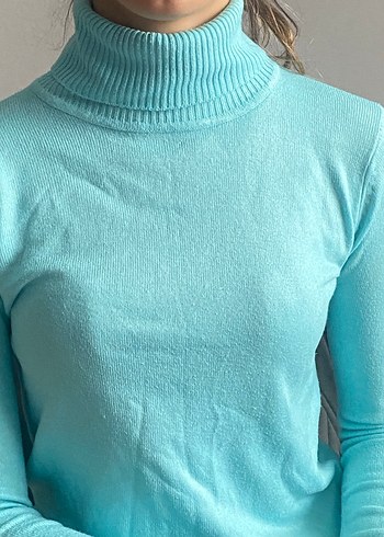 Turkuaz Kadın Boğazlı İnce Triko Kazak - Görsel 2