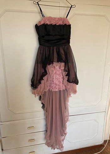Pembe Siyah Straplez Uzun Gotik Elbise