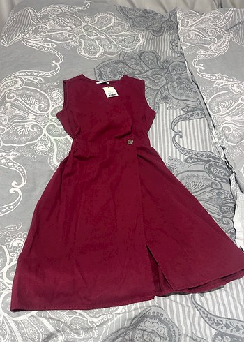 s Beden Bordo Kolsuz Keten elbise