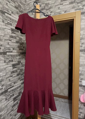 m Beden bordo Renk Bordo Uzun Drapeli Kadın Elbise