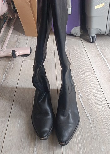 Siyah Deri Stiletto Çizme içi pelüş