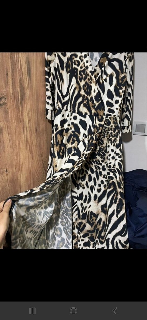 Kahverengi V Yakalı leopar Desenli Uzun Elbise - Görsel 3