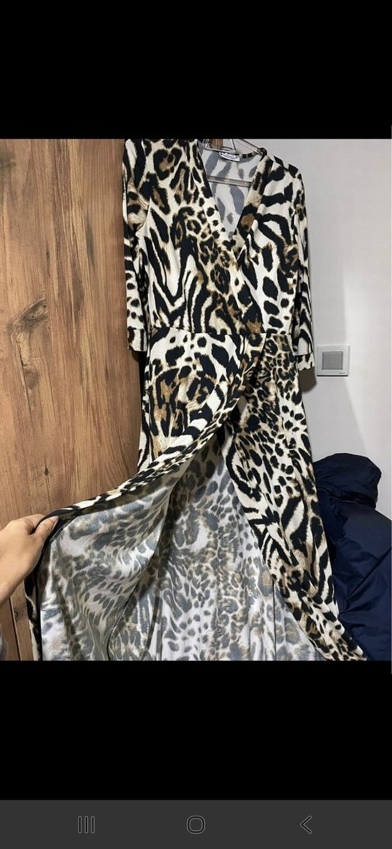 Kahverengi V Yakalı leopar Desenli Uzun Elbise - Görsel 2