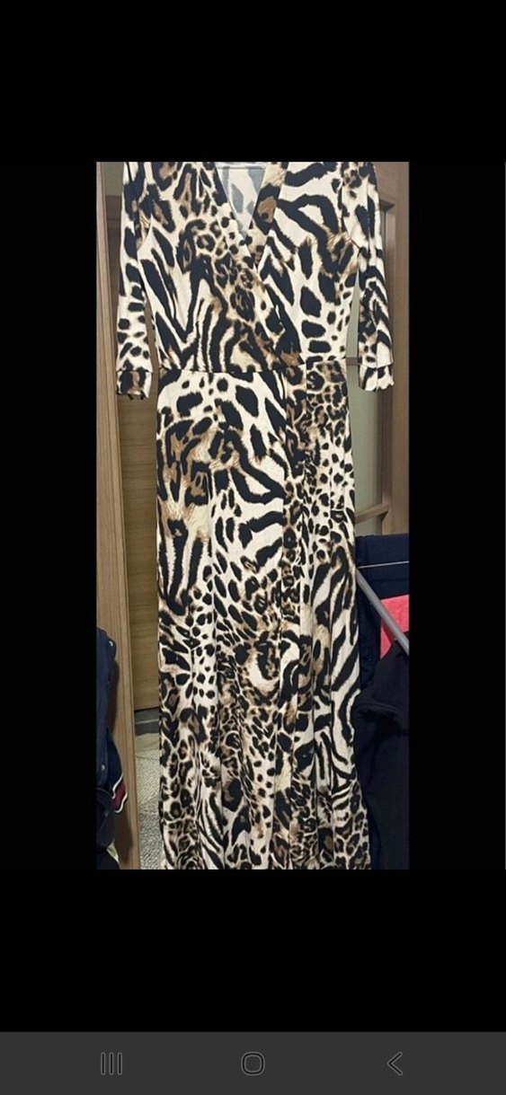 Kahverengi V Yakalı leopar Desenli Uzun Elbise - Görsel 4