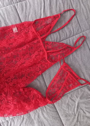 Kırmızı Mini Dantel Gecelik set - Görsel 3