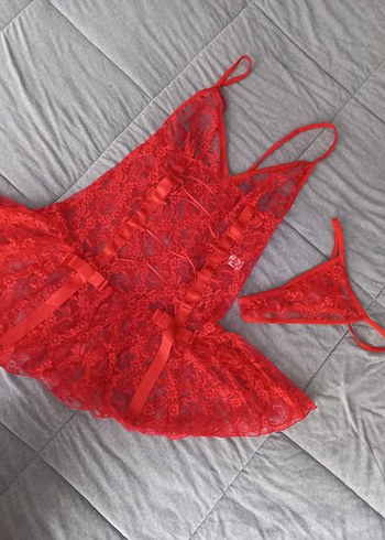 Kırmızı Mini Dantel Gecelik set - Görsel 2
