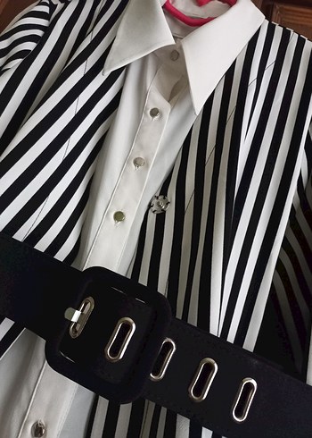 Kendinden gömlekli çizgili uzun ceket - Görsel 3