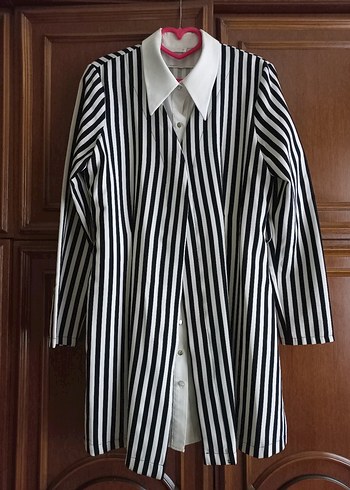 Kendinden gömlekli çizgili uzun ceket - Görsel 6