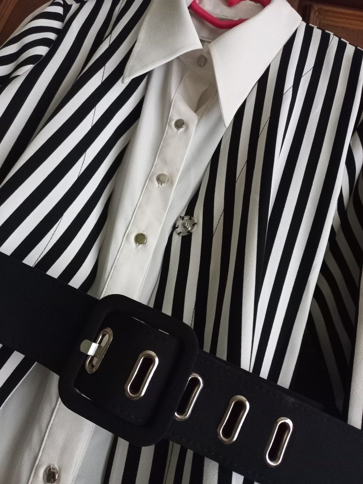 Kendinden gömlekli çizgili uzun ceket - Görsel 3