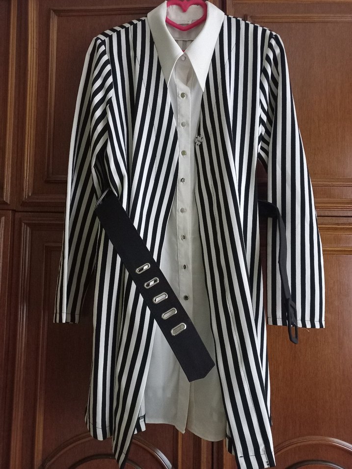 Kendinden gömlekli çizgili uzun ceket - Görsel 2