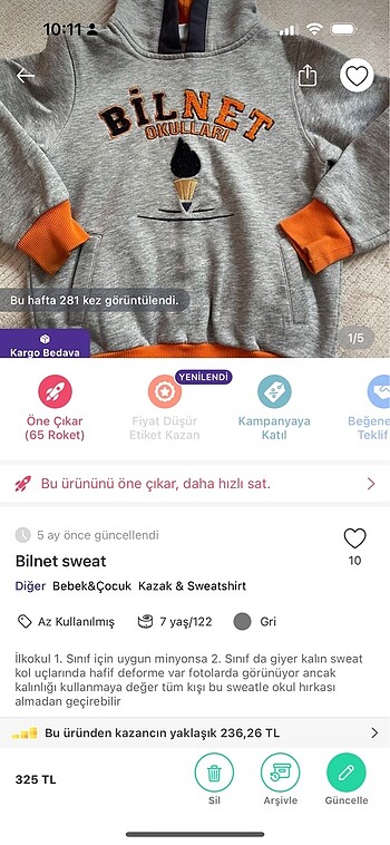 7 Yaş Beden gri Renk Bilnet okul sweati