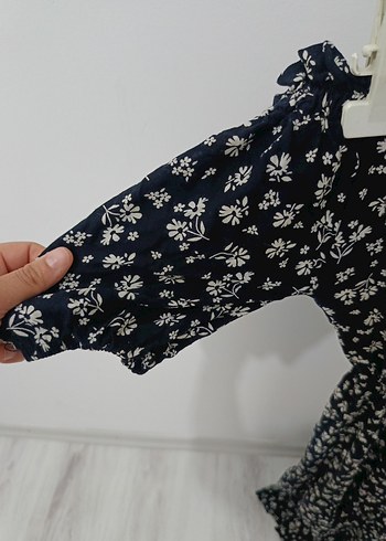 m Beden lacivert Renk Çiçek Desenli Midi Fırfırlı Lacivert Elbise