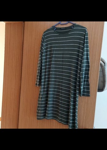 Uzun Kollu Çizgili Haki Midi Tunik