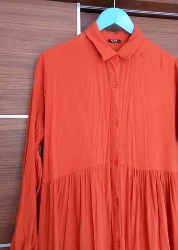 Turuncu Uzun Keten Pilili Elbise - Görsel 3