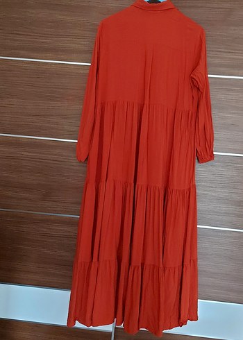 Turuncu Uzun Keten Pilili Elbise - Görsel 4