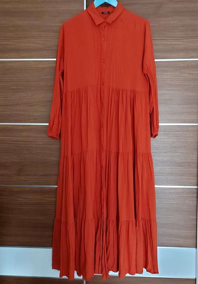 Turuncu Uzun Keten Pilili Elbise - Görsel 2