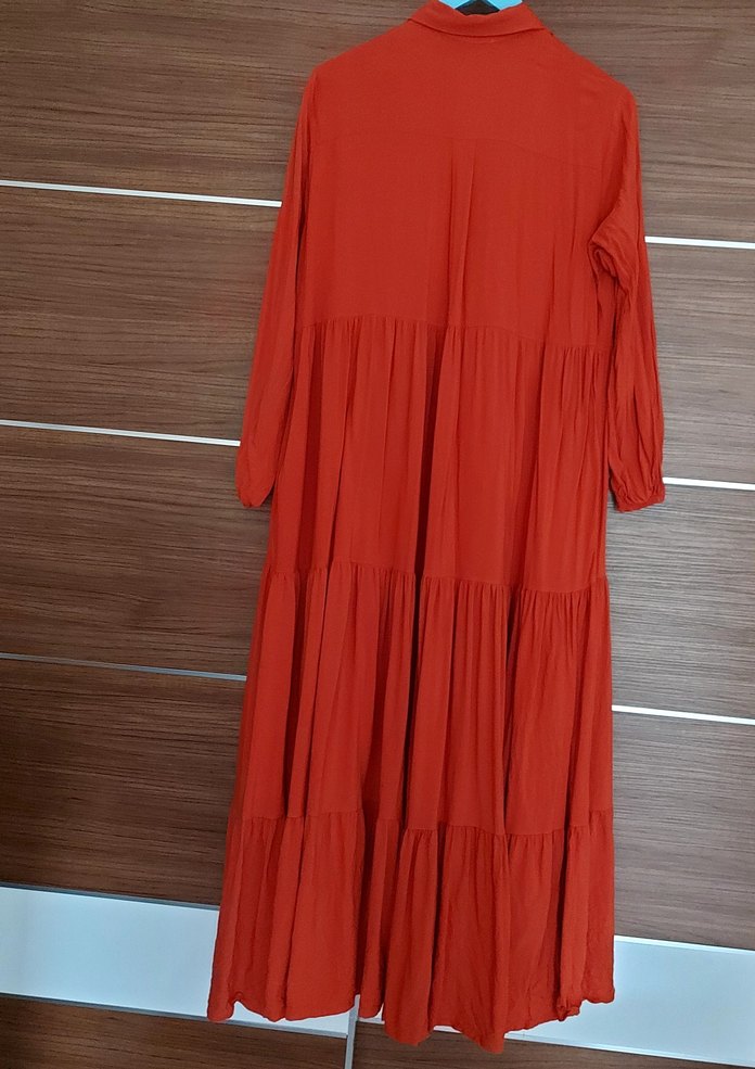 Turuncu Uzun Keten Pilili Elbise - Görsel 4