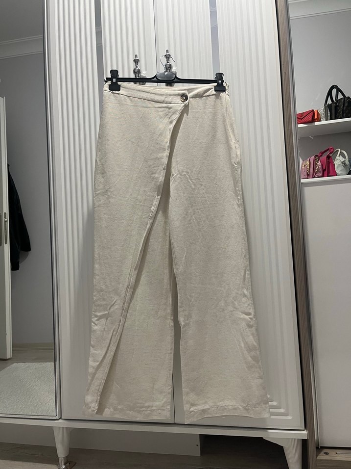 Kadın Keten Midi Geniş Paça Pantolon - Görsel 3