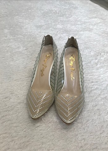 Bej Yılan Desenli Taşlı Topuklu Kadın Ayakkabı - Görsel 2