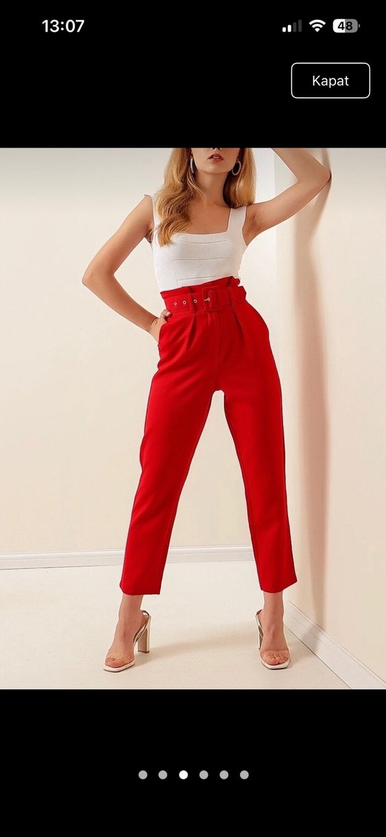 Kemerli Kırmızı Kadın Kumaş Pantolon - Görsel 3
