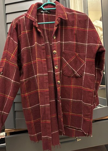 Bordo Ekose Düğmeli Uzun Kollu Kadın Gömlek - Görsel 2