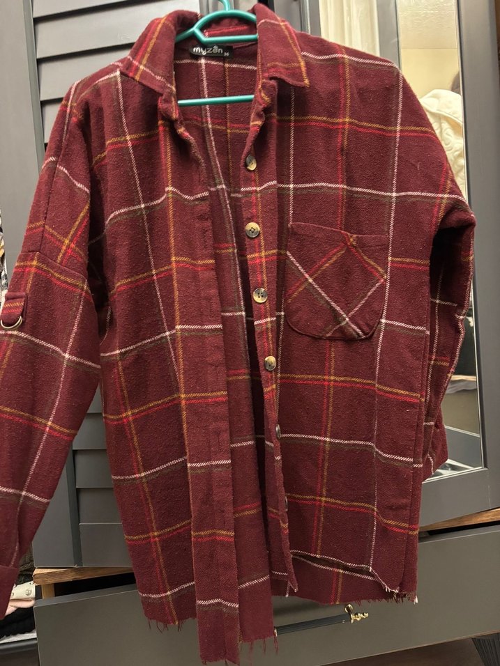 Bordo Ekose Düğmeli Uzun Kollu Kadın Gömlek - Görsel 2