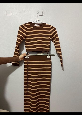 Kadın Kahverengi Çizgili Triko Elbise - Görsel 2