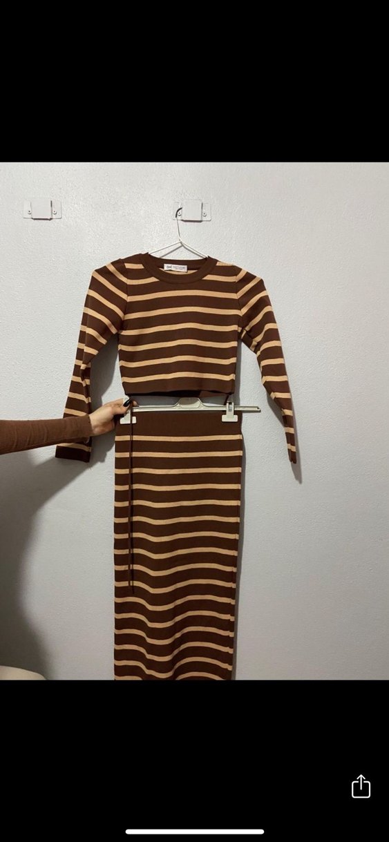 Kadın Kahverengi Çizgili Triko Elbise - Görsel 2