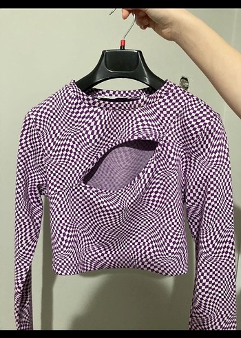 Örgü Detaylı Mor Kareli Uzun Kollu Bluz - Görsel 2