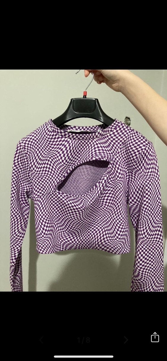 Örgü Detaylı Mor Kareli Uzun Kollu Bluz - Görsel 2