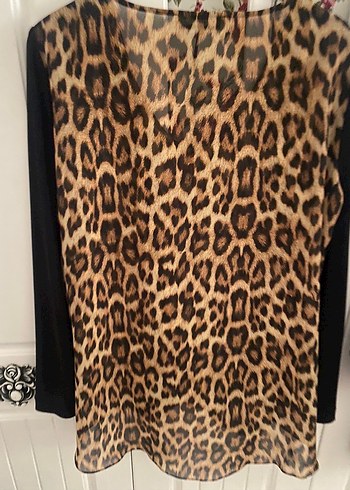 xl Beden Leopar Desenli, V Yaka, Uzun Kollu Kadın Bluz