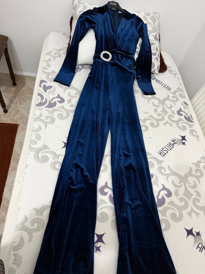 Lacivert Kadife Uzun Kollu Kadın tulum - Görsel 2