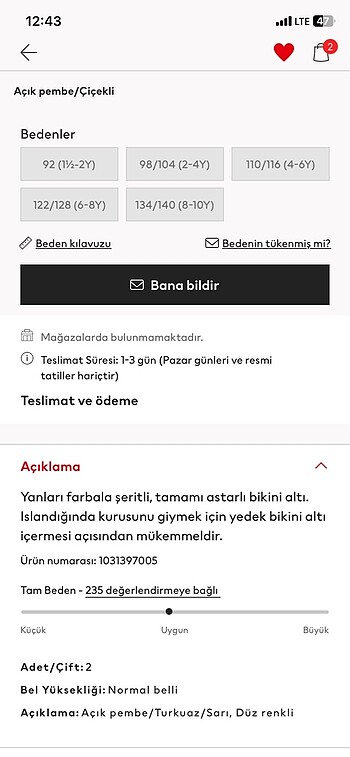 24-36 Ay Beden H&M kız çocuk bikini altı