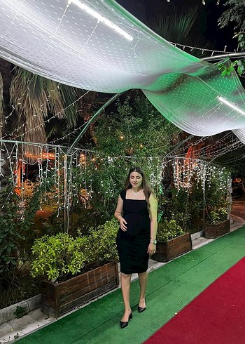 l Beden Drapeli Siyah Uzun Kadın Elbise