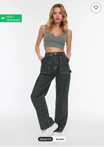 Trendyol & Milla Trendyolmilla Antrasit Cep Detaylı Yüksek Bel Wide Leg Jean