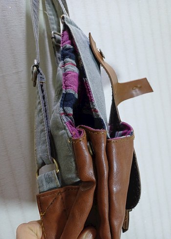 Vintage keten Deri detaylı Kadın Çantası - Görsel 3