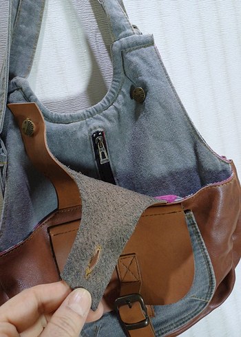 Vintage keten Deri detaylı Kadın Çantası - Görsel 2