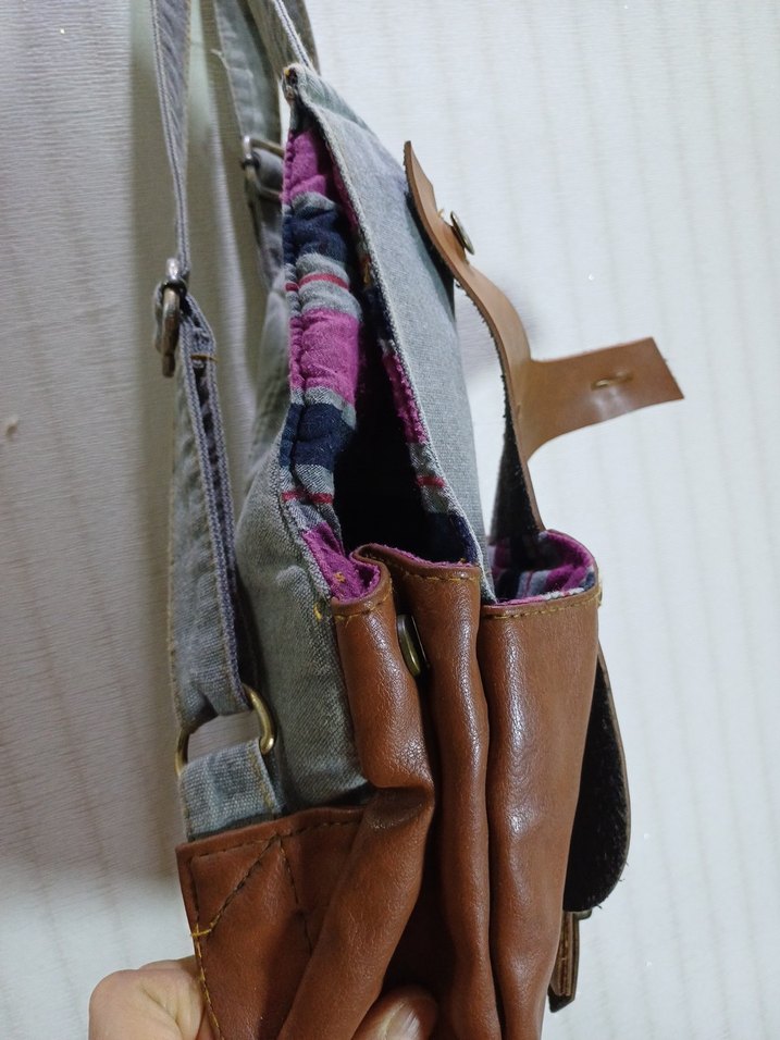 Vintage keten Deri detaylı Kadın Çantası - Görsel 3