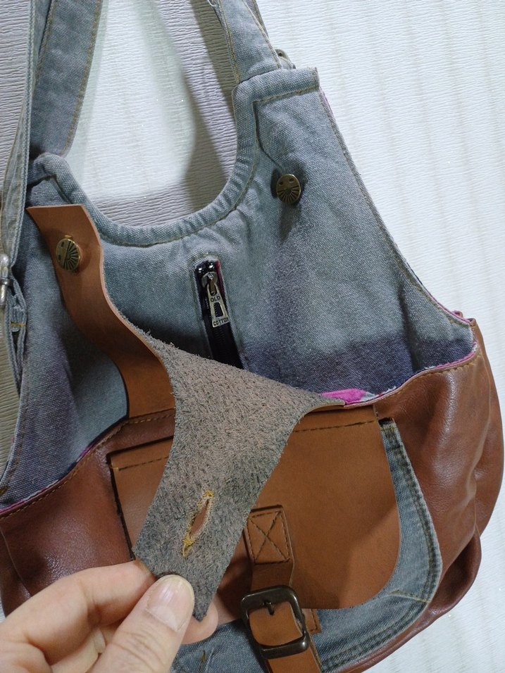 Vintage keten Deri detaylı Kadın Çantası - Görsel 2