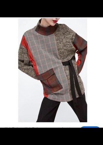 Zara Gri Patchwork Örgü Kadın Triko Kazak - Görsel 2