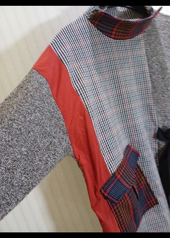 Zara Gri Patchwork Örgü Kadın Triko Kazak - Görsel 6