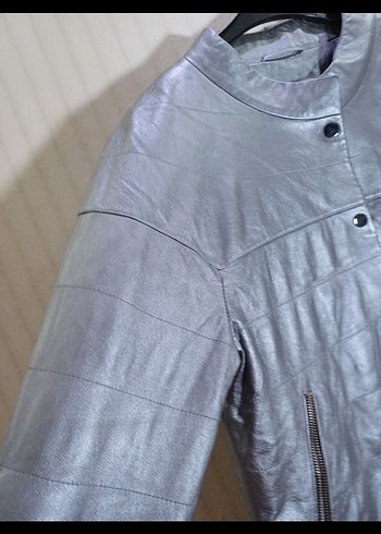 Düğmeli Gri Deri Kadın Ceket mont - Görsel 2