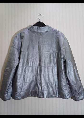 Düğmeli Gri Deri Kadın Ceket mont - Görsel 3